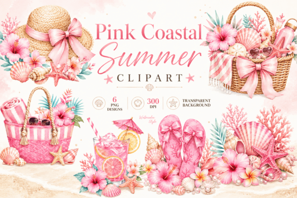 Download Pink Coastal Summer Watercolor Clipart - Pink Collection